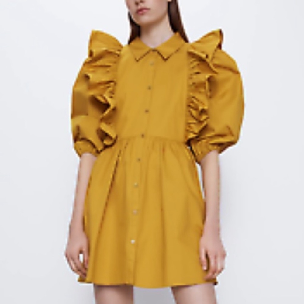Zara ruffle mustard yellow mini dress large